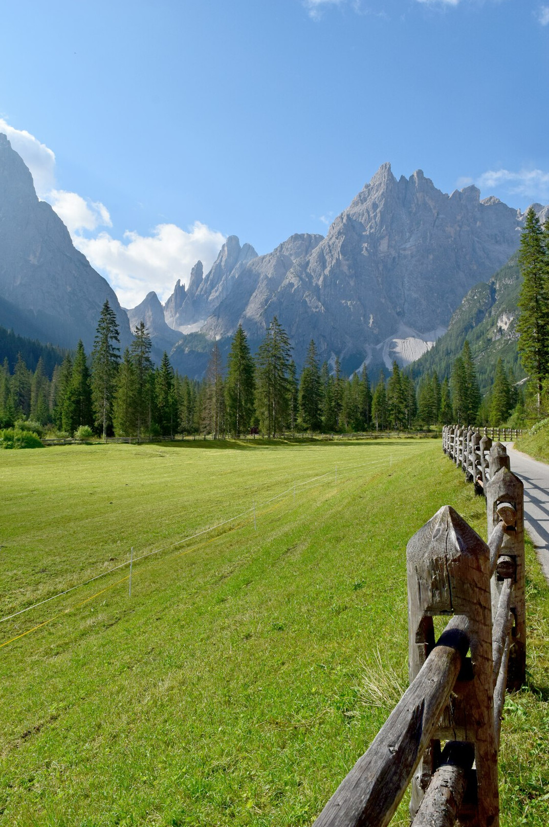 Green alpine meadow with wooden fences and distant snow-capped peaks in summer